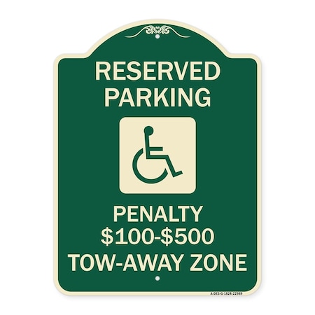 Reserved Parking Penalty $100 To $500 Tow-Away Zone With Symbol Aluminum Sign